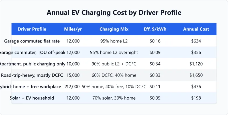 Annual EV charging cost across six driver profiles ranging from $198 solar charged to $1,650 DCFC road tripper.