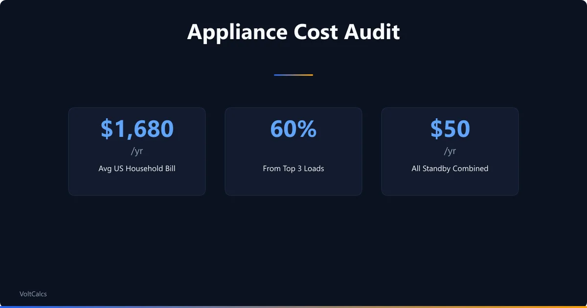 Household electricity stats: 1680 dollar yearly bill, 60 percent share from top three loads, 50 dollars total standby.