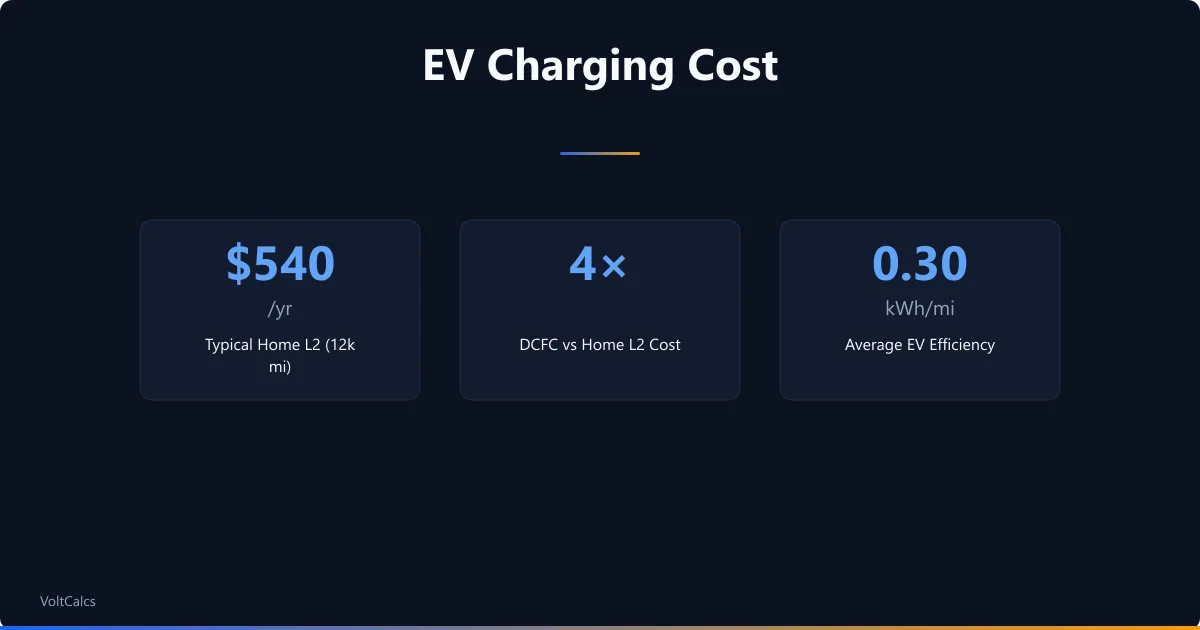 EV charging cost stats: 540 dollar typical home L2 yearly cost, 4 times DCFC vs home premium, 0.30 kWh per mile efficiency.
