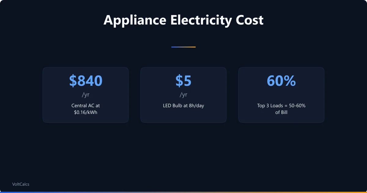 Top household appliance costs comparing central AC at 840 dollars per year against LED bulbs at 5 dollars per year.