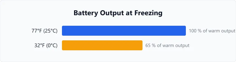 Battery cranking output chart showing 65 percent of warm-weather output remaining at 32 degrees Fahrenheit.