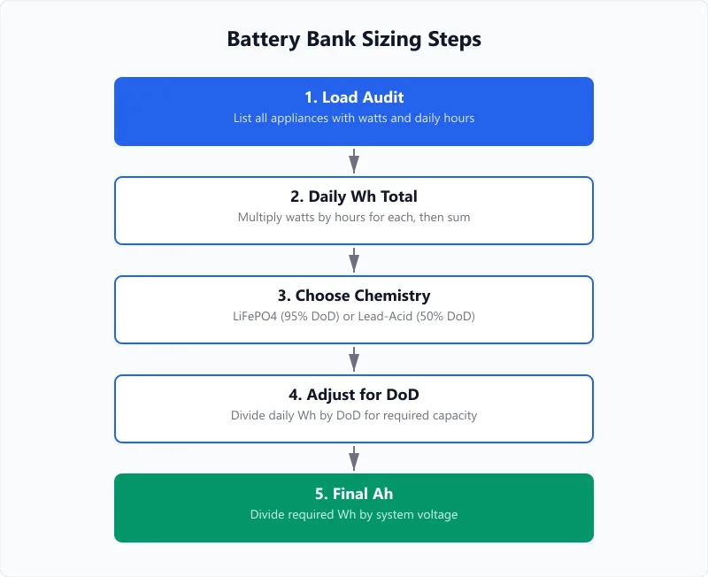 Battery bank sizing steps flowchart from load audit through DoD adjustment to final Ah result.