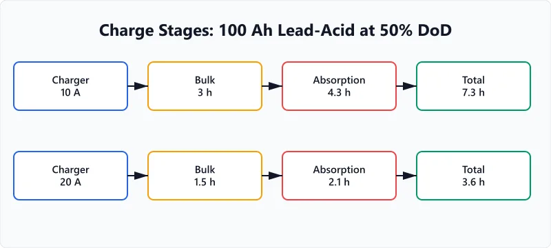 Diagram: 100 Ah lead-acid at 50% DoD charges in 7.3 hours at 10 A and 3.6 hours at 20 A, with both stages shorter.