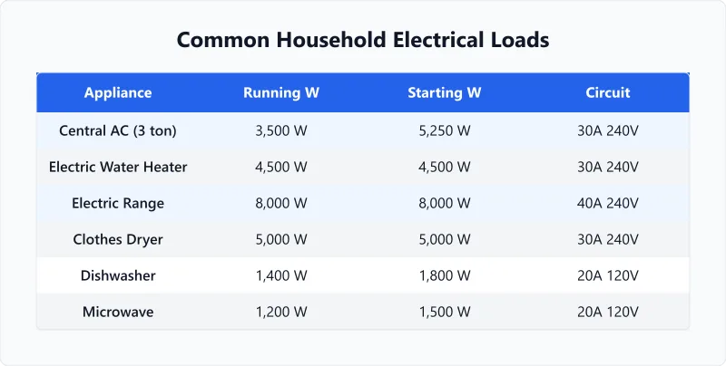 Household electrical load chart listing watts for central AC, water heater, range, and dryer.