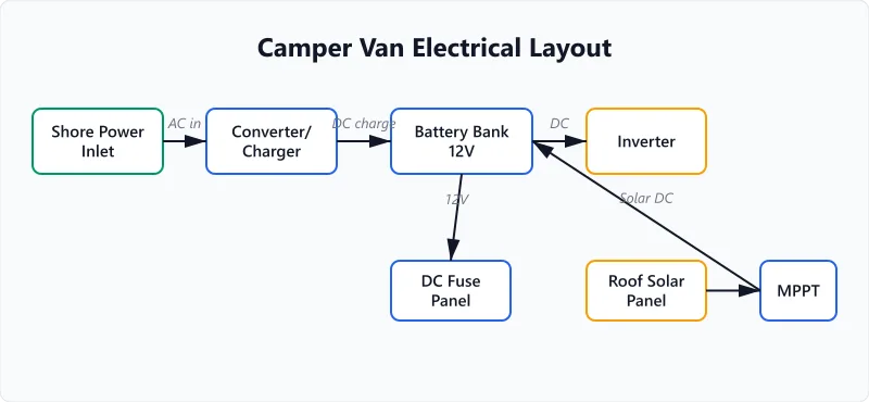 Camper electrical layout showing battery compartment, shore power, and DC panel.