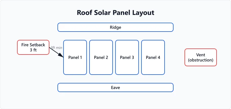 Roof layout diagram showing panel spacing, setbacks, and obstruction clearances.
