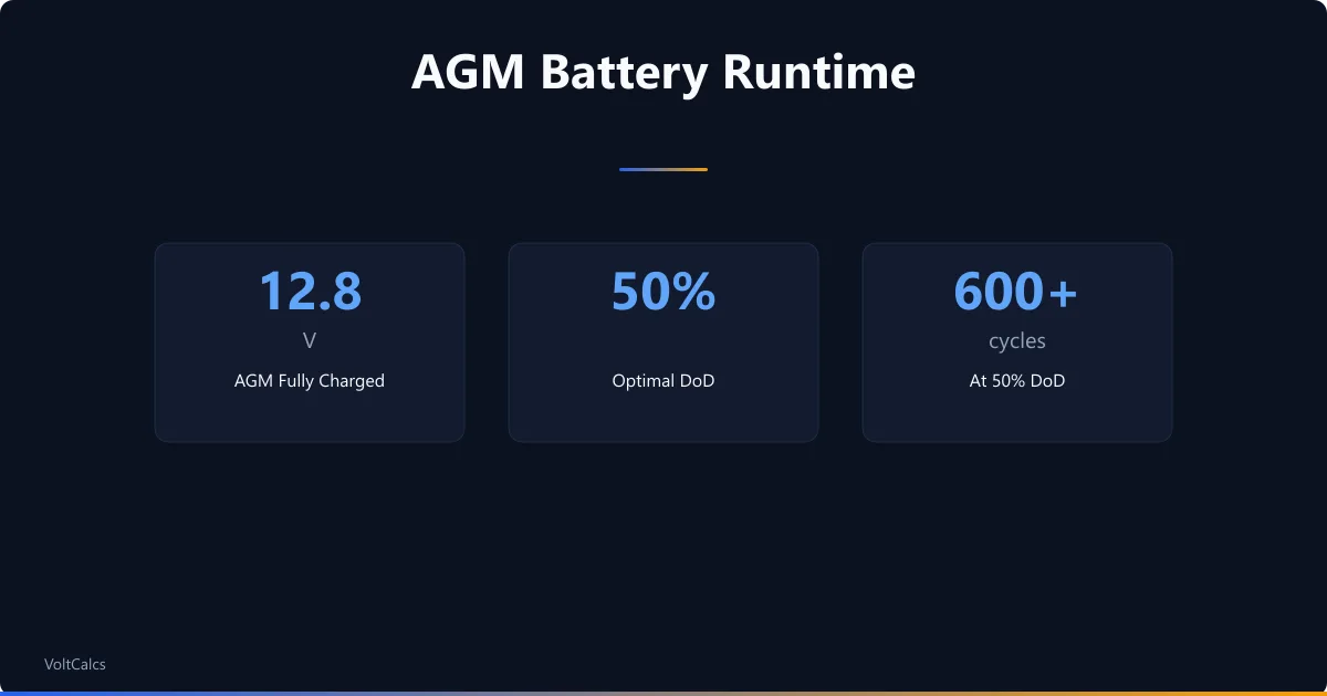 AGM battery stats showing 12.8V charged voltage, 50 percent optimal DoD, and 600 plus cycles.