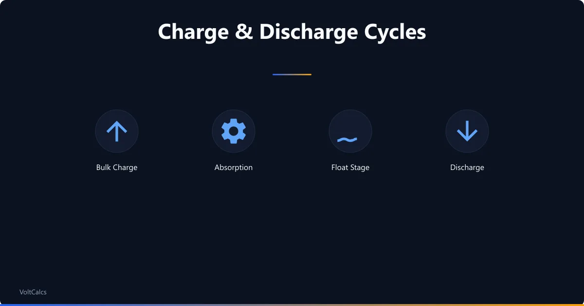 Four-stage battery cycle overview showing bulk charge, absorption, float, and discharge phases.