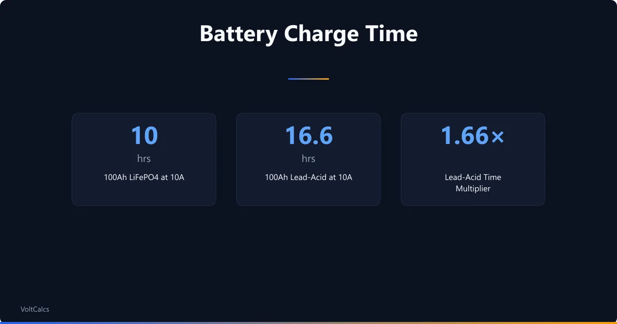 Battery charge time for a 100Ah battery at 10A: 10 hours as LiFePO4 against 16.6 hours as lead-acid.