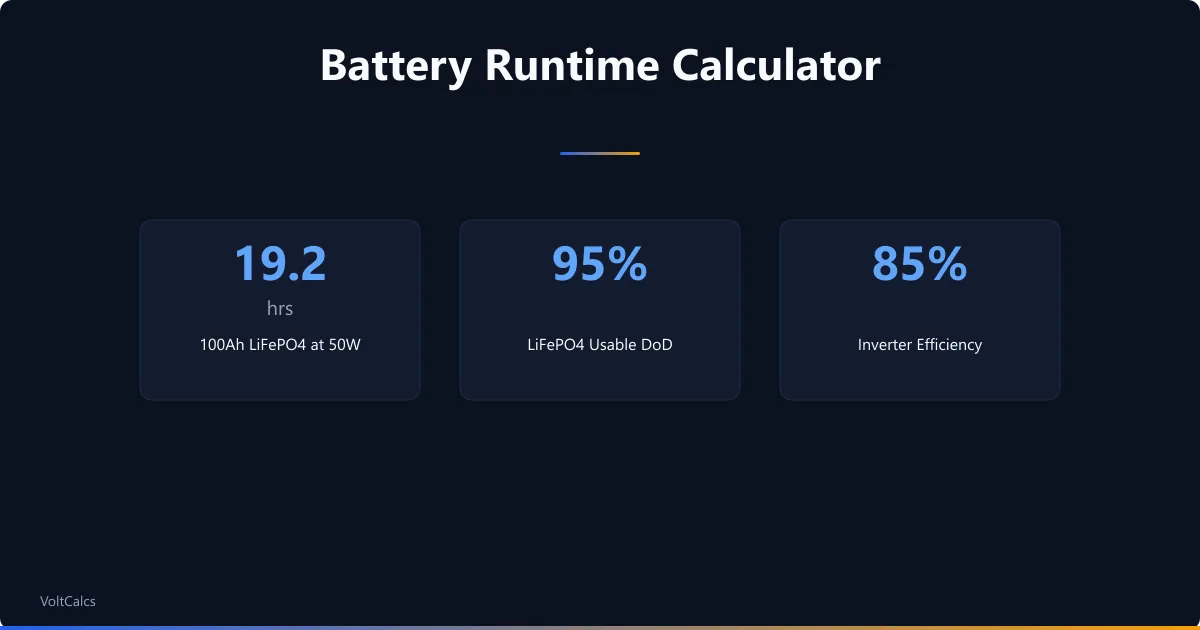Battery runtime statistics for 100Ah LiFePO4 at 50W with depth of discharge and inverter efficiency.