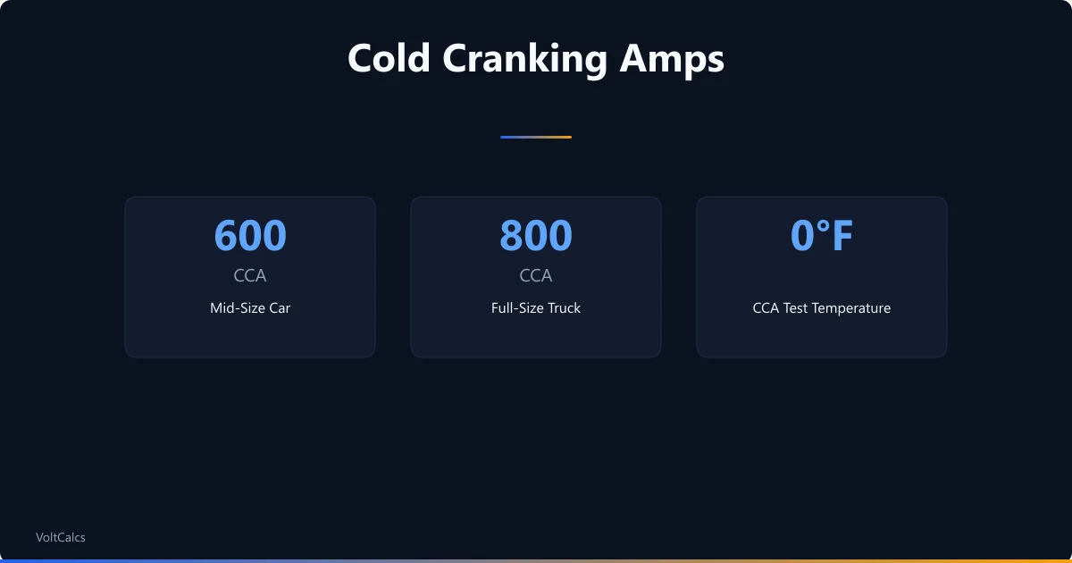 Cold cranking amps ratings for mid-size cars and trucks at the 0 degree Fahrenheit test standard.