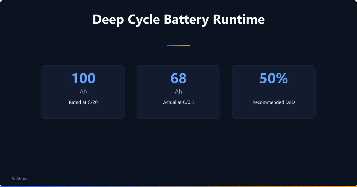 Deep cycle battery capacity at C/20 vs C/0.5 discharge rates with recommended depth of discharge.