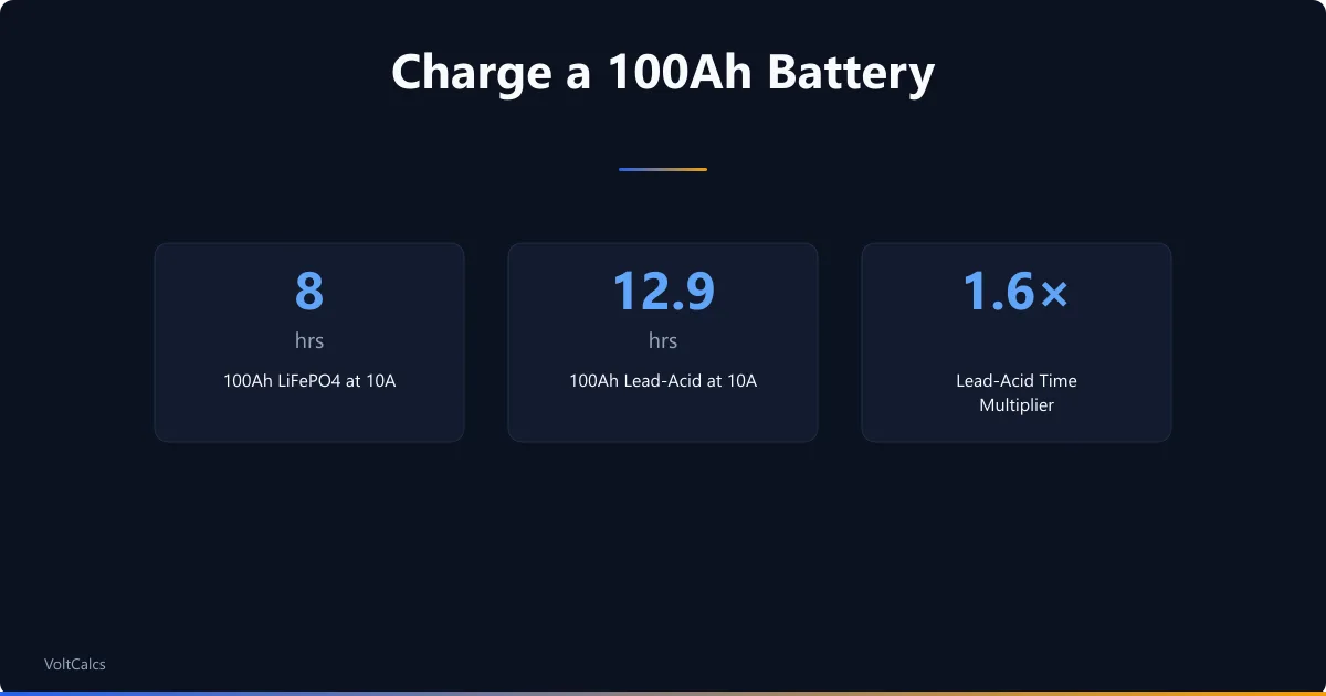 100Ah battery charge time at 10A: 8 hours as LiFePO4 against 12.9 hours as lead-acid.