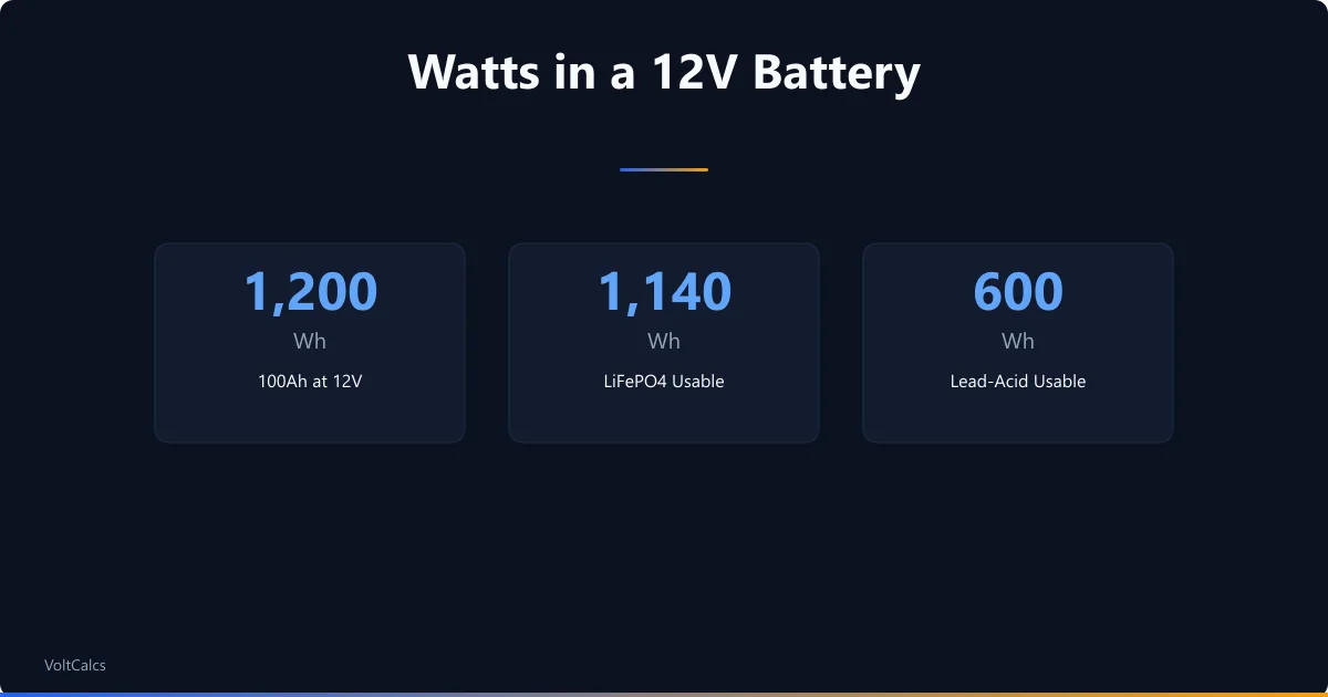 Watt-hour totals for a 100Ah 12V battery showing LiFePO4 and lead-acid usable energy.