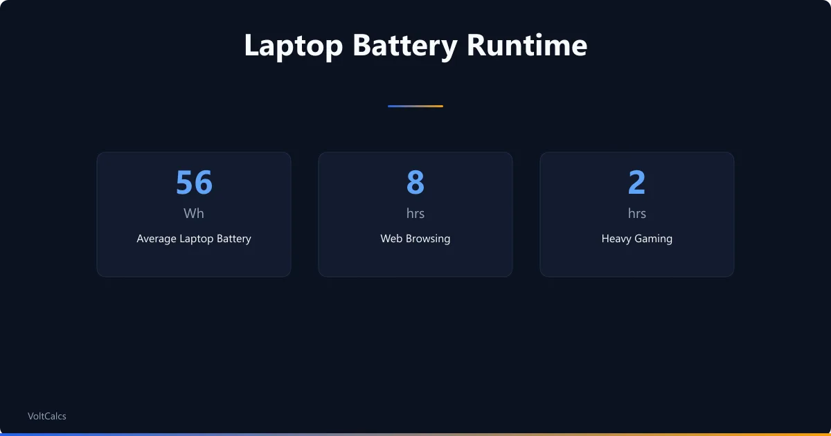 Laptop battery runtime estimates for web browsing and gaming on a 56Wh battery.