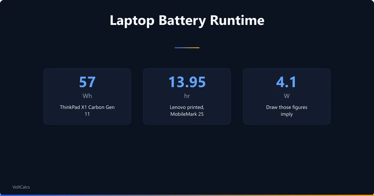 Laptop battery runtime banner: a 57 Wh ThinkPad rated 13.95 hours by Lenovo, implying a 4.1 W average draw.