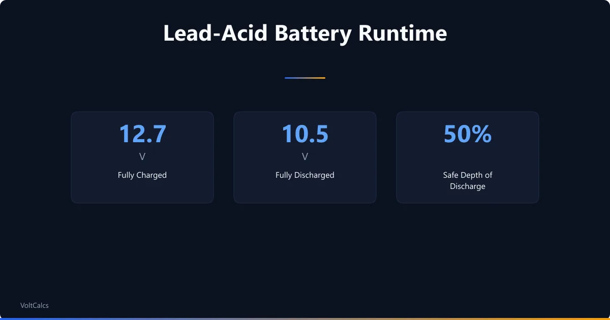Lead-acid battery voltage thresholds from 12.7V charged to 10.5V discharged at 50 percent DoD.