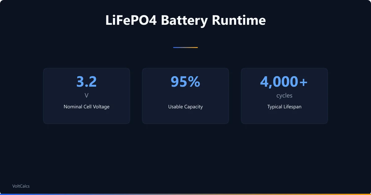 LiFePO4 battery key specs showing 3.2V cell voltage, 95 percent usable capacity, and cycle life.