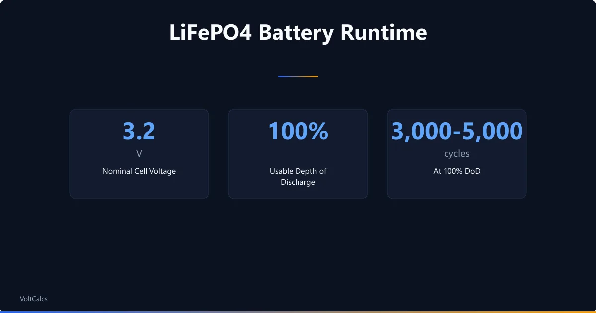 LiFePO4 battery specs showing 3.2V cell voltage, 100 percent usable depth of discharge, and cycle life.