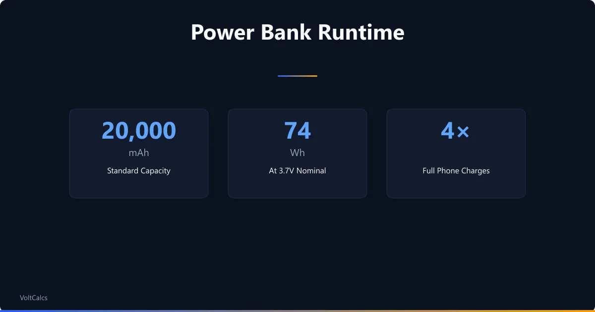 Portable power bank capacity stats showing 20000mAh, 74Wh energy, and phone charge count.