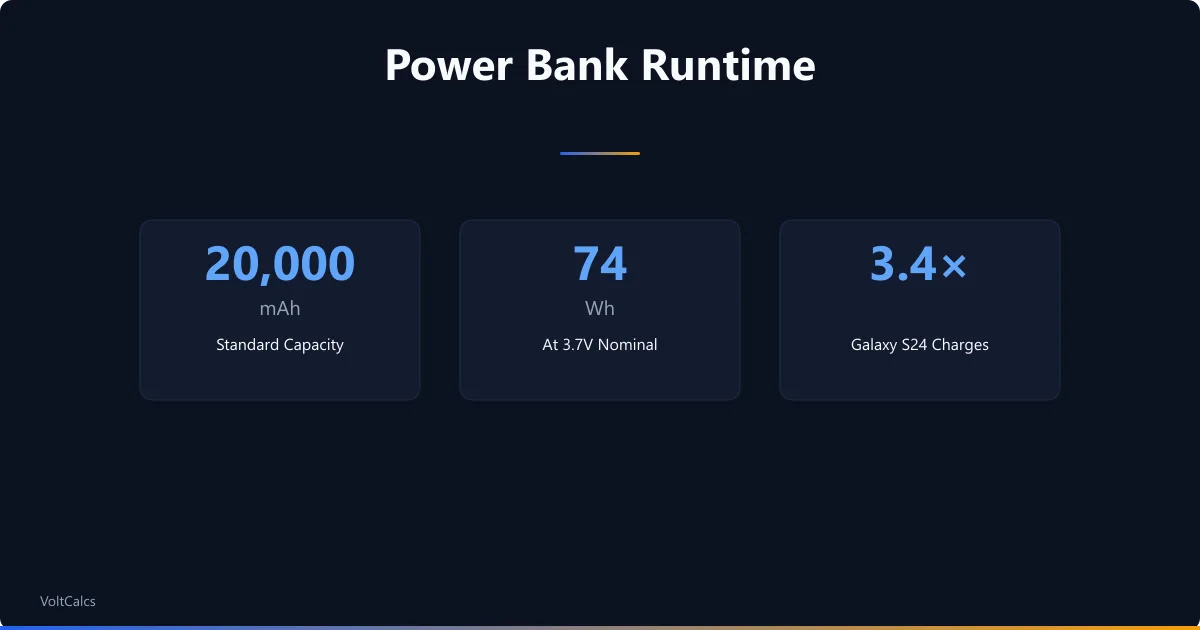Portable power bank capacity stats showing 20000mAh, 74Wh energy, and phone charge count.