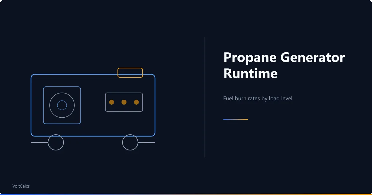 Propane generator with engine compartment, fuel tank, and power outlets for runtime estimation.