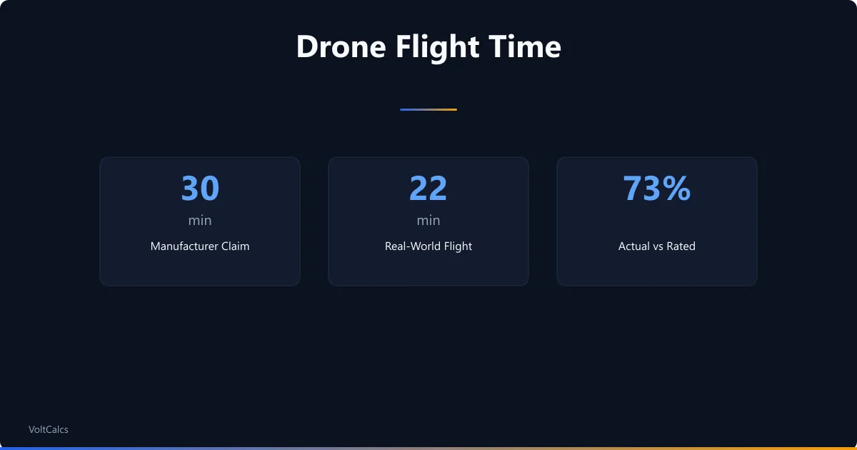 Drone flight time comparison showing 30-minute claim vs 22-minute real-world result.