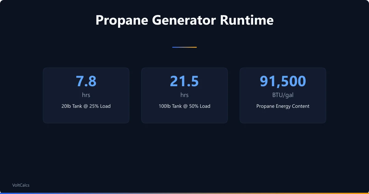 Propane generator runtime key stats for 20lb and 100lb tanks at typical load levels.
