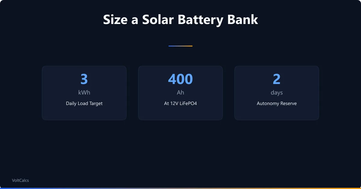 Solar battery bank sizing targets at 3kWh daily, 400Ah capacity, and 2-day reserve.