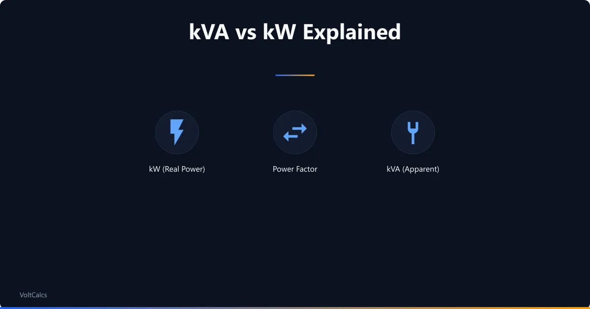 kVA vs kW power relationship showing real power, power factor, and apparent power.