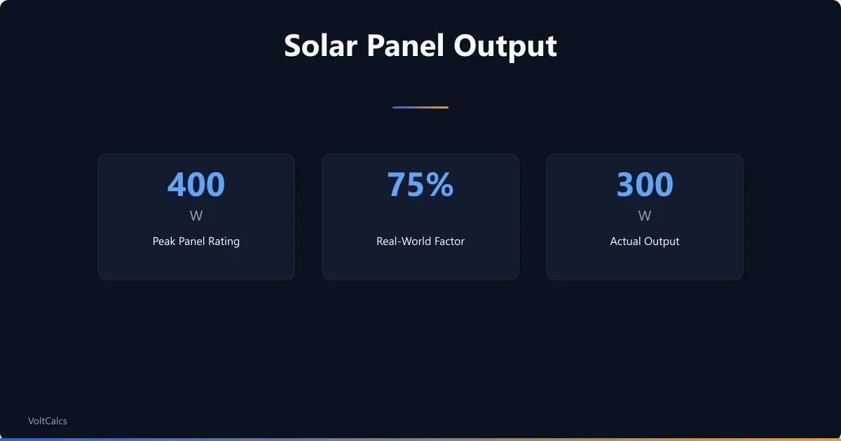 Real-world solar panel output at 75 percent of 400W peak rating yielding 300W actual.