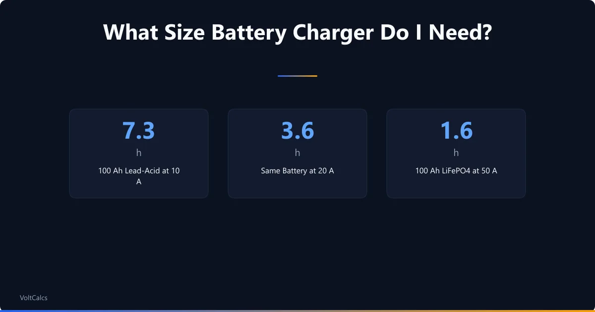 Charge times: 100 Ah lead-acid takes 7.3 hours at 10 A and 3.6 hours at 20 A; 100 Ah LiFePO4 takes 1.6 hours at 50 A.