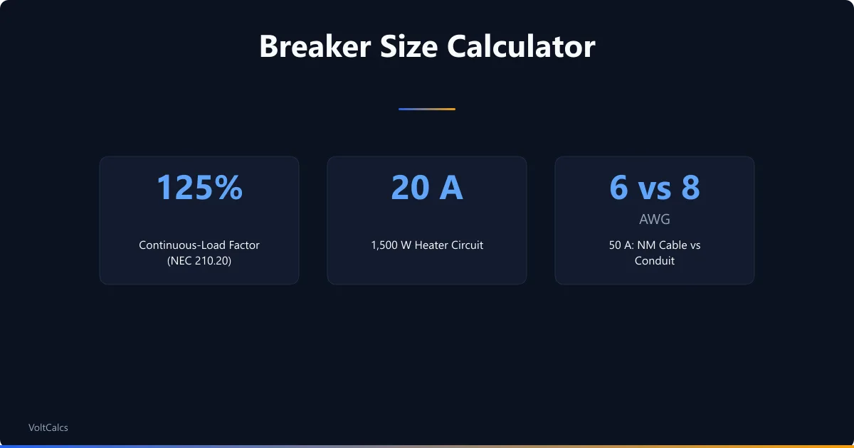 Circuit breaker sizing overview showing load amps, the 125 percent continuous rule, and matching copper wire gauge.