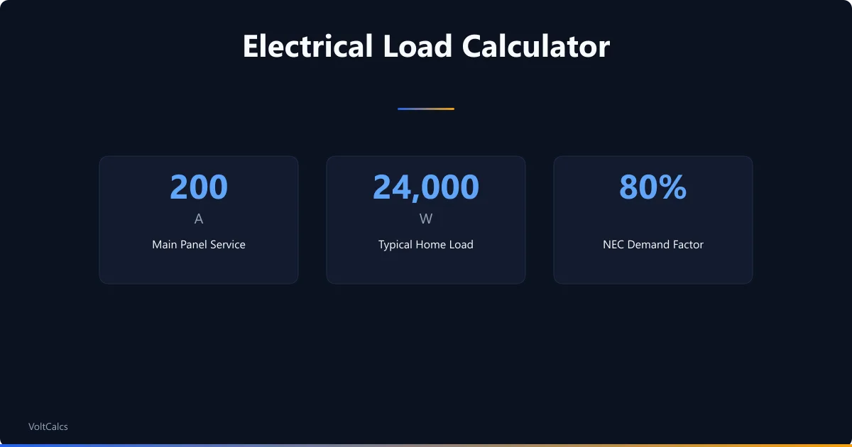 Electrical load stats for 200A panel service, 24000W home load, and NEC demand factor.