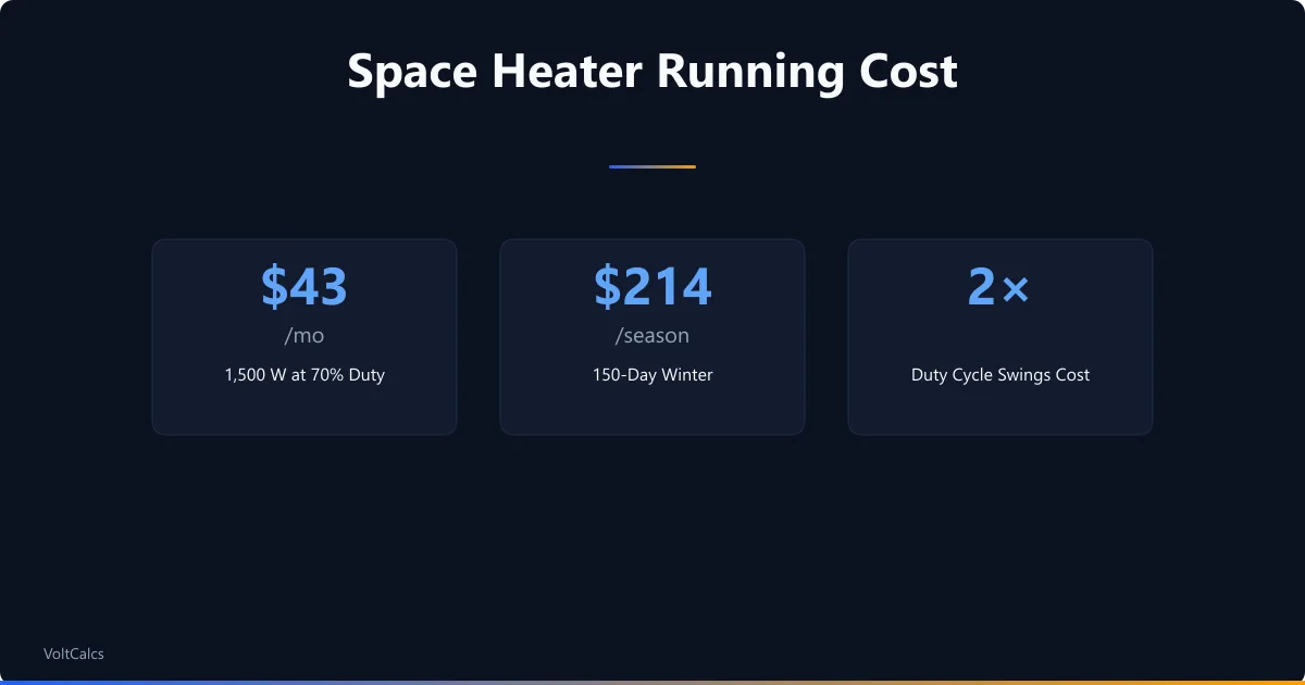 Space heater running cost banner: about $43 a month at 70% thermostat duty and $214 for a 150-day winter.