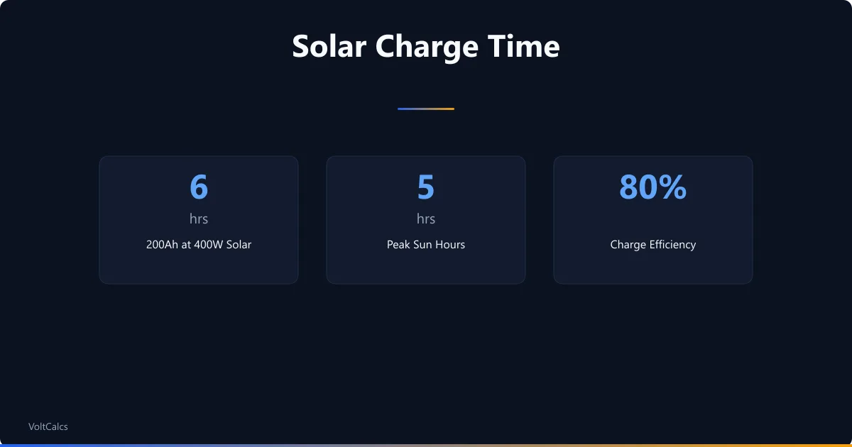 Solar battery charge time benchmarks for 200Ah bank at 400W with 5 sun hours.