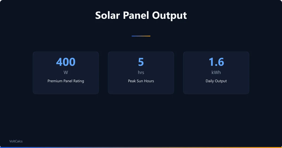 Solar panel output stats for a 400W panel producing 1.6kWh daily at 5 peak sun hours.