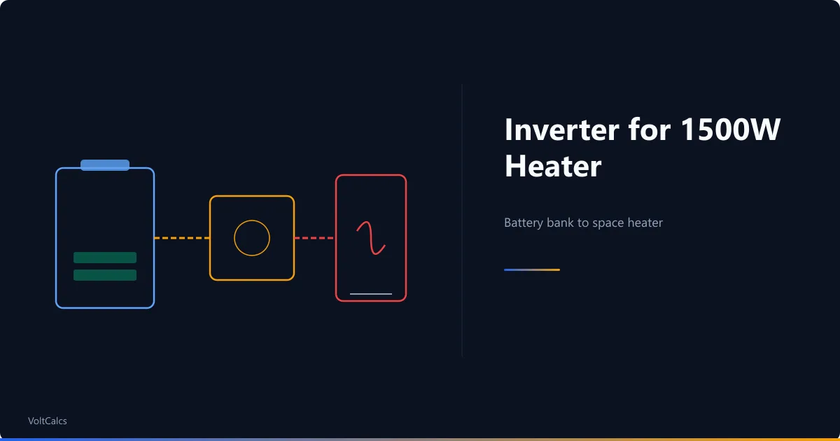 Battery bank, inverter, and space heater connected by fused cables for 1500W load.